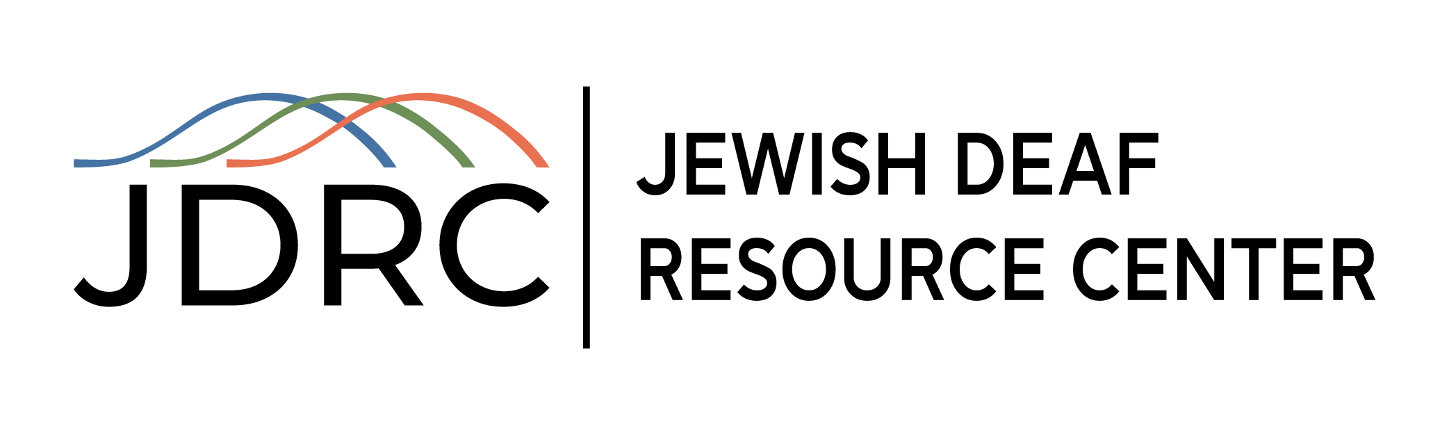 Logo of the Jewish Deaf Resource Center (JDRC), featuring bold black letters 'JDRC' beneath three intersecting curved lines in blue, green, and orange, next to the full organization name separated by a vertical line