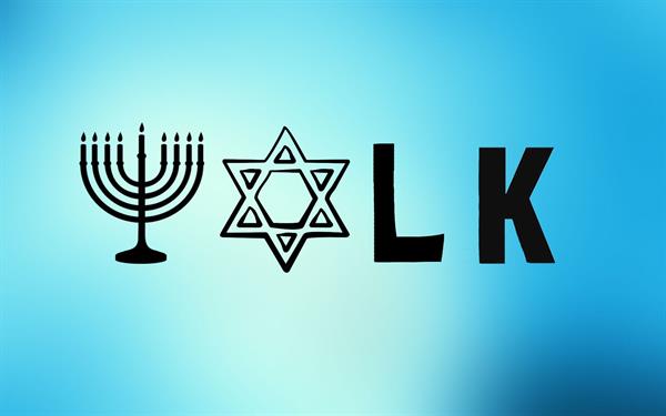Black symbols and letters on a blue background: a menorah, a Star of David, followed by the letters L and K. The symbols and letters together visually suggest the word WOLK.