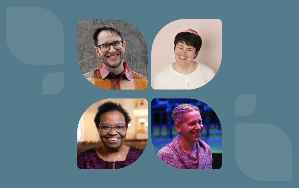 Collage of four diverse people smiling, shown in rounded frames on a blue background, representing inclusivity and community.